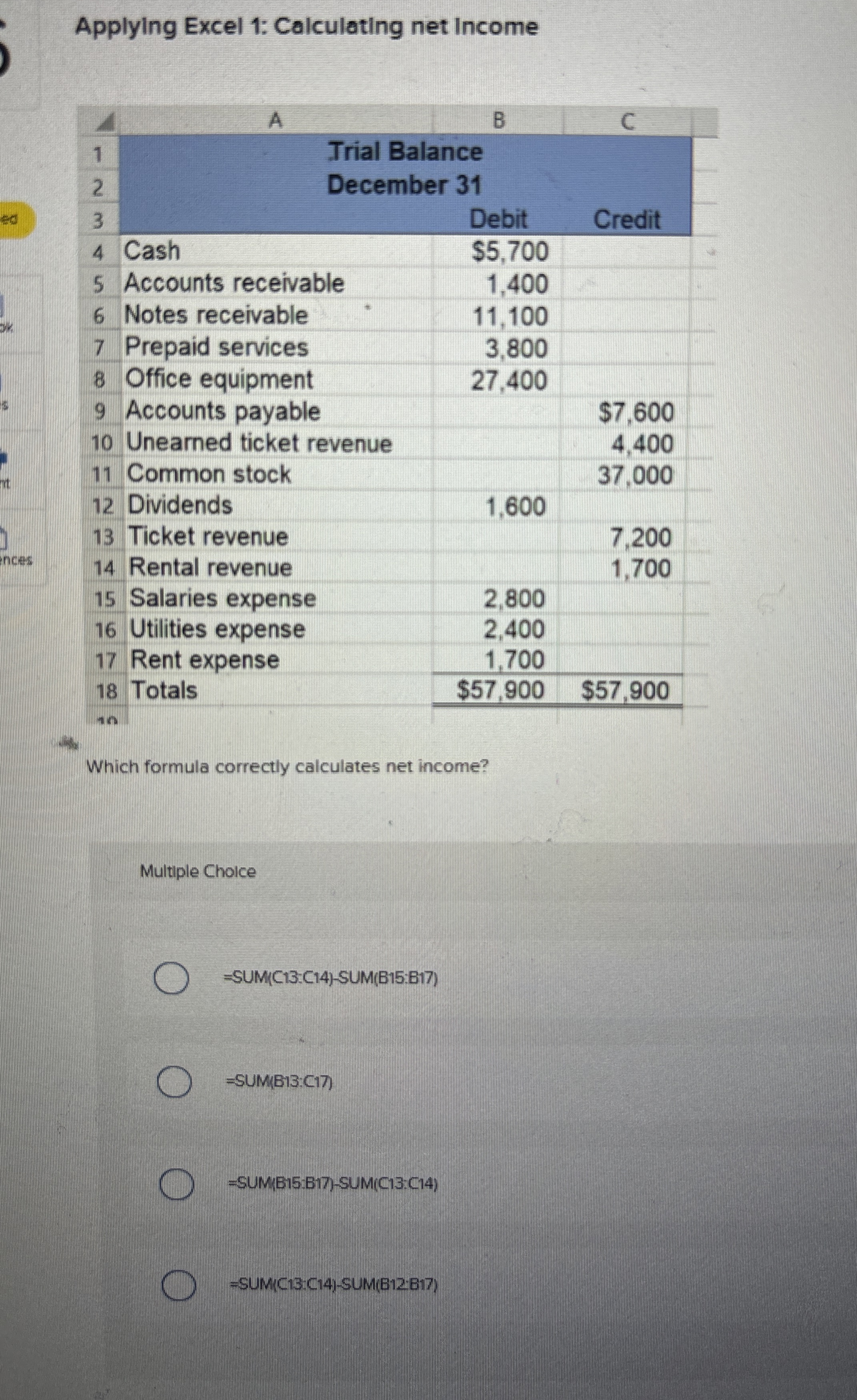 Applying Excel 1 : Calculating net Income \ table