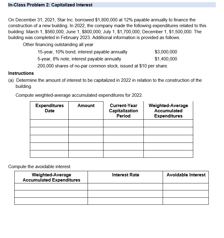 In - Class Problem 2 : Capitalized Interest On