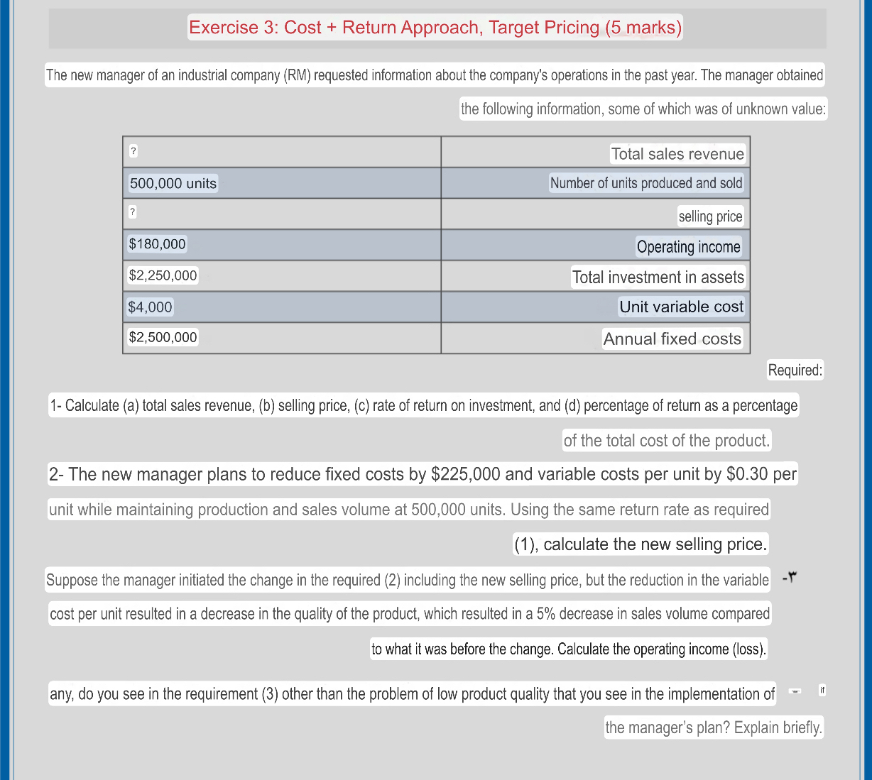 Exercise 3 : Cost + Return Approach, Target