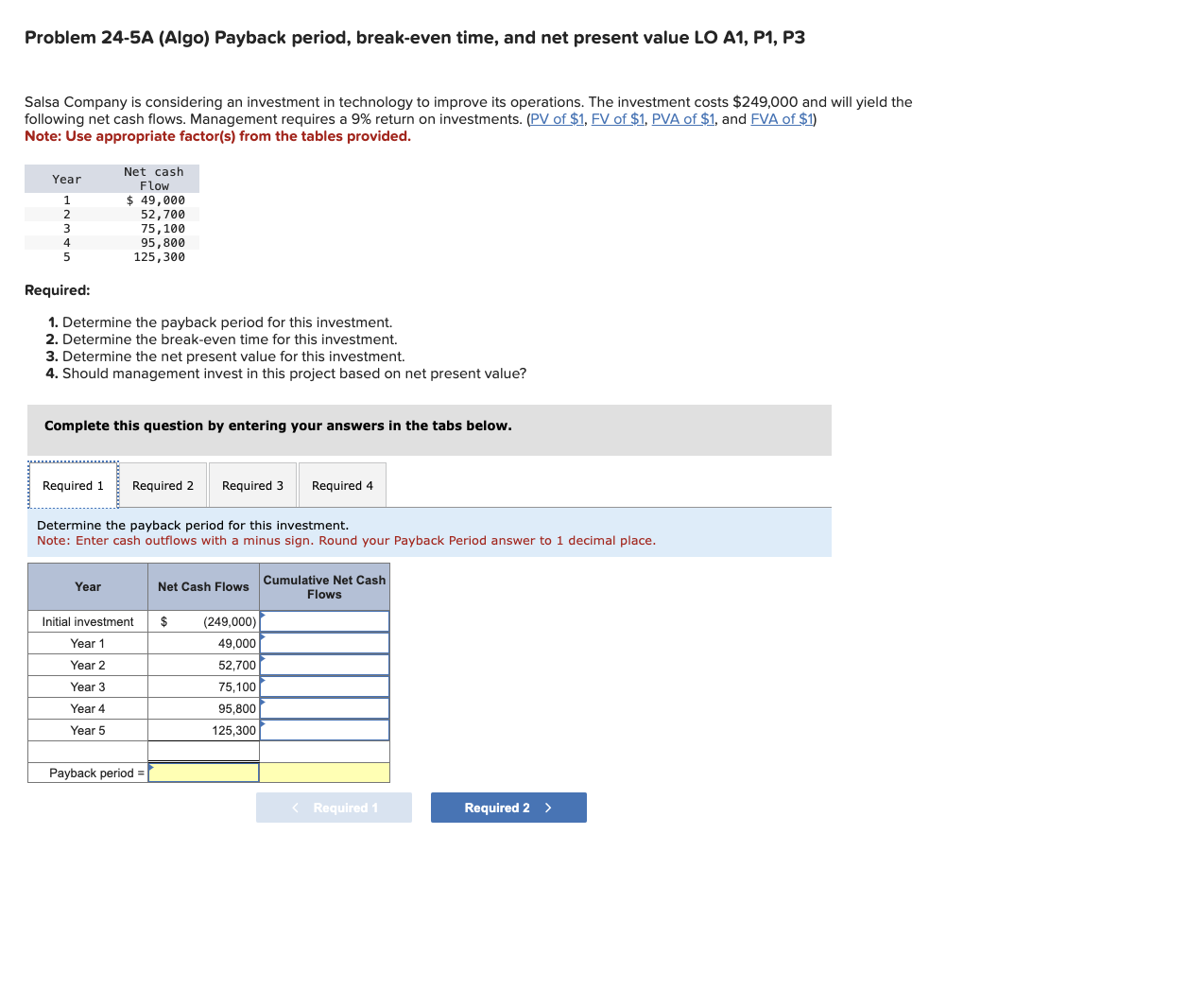 Problem 2 4 - 5 A ( Algo ) Payback period, break