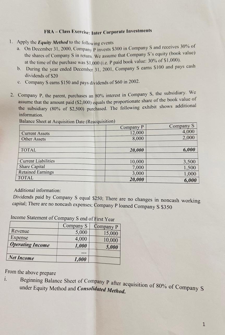 FRA - Class Exercise: Inter Corporate Investments