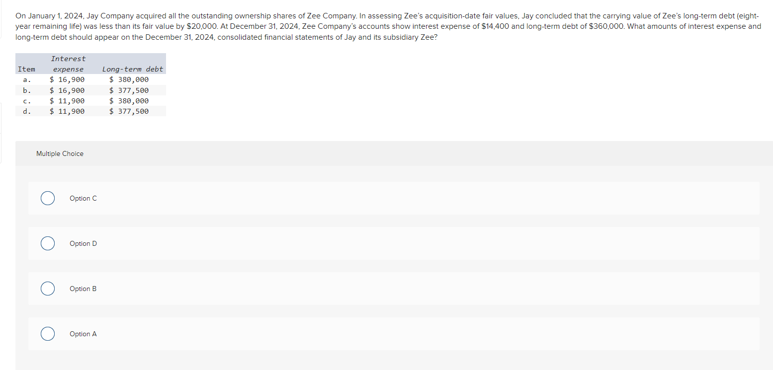On January 1 , 2 0 2 4 , Jay Company acquired all