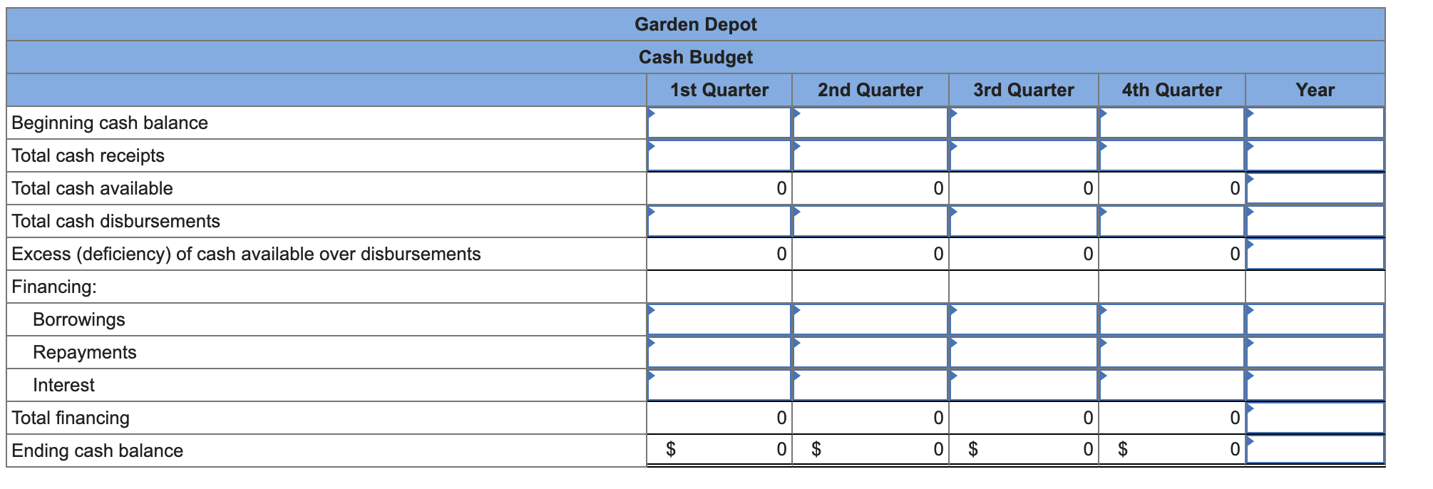 Exercise 8 - 7 ( Algo ) Cash Budget [ LO 8 - 8 ]