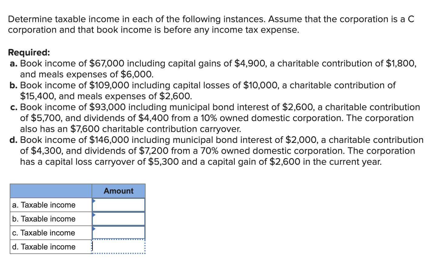 Determine taxable income i n each o f the