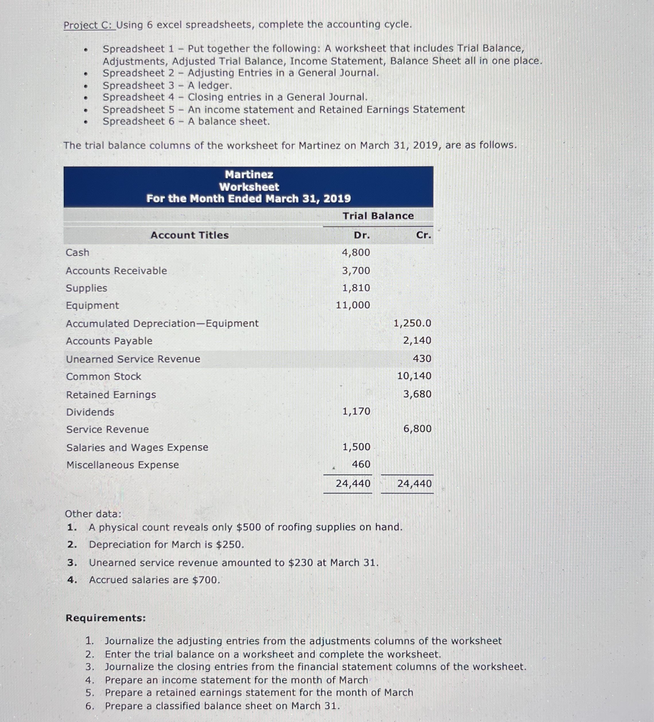 Project C: Using 6 excel spreadsheets, complete