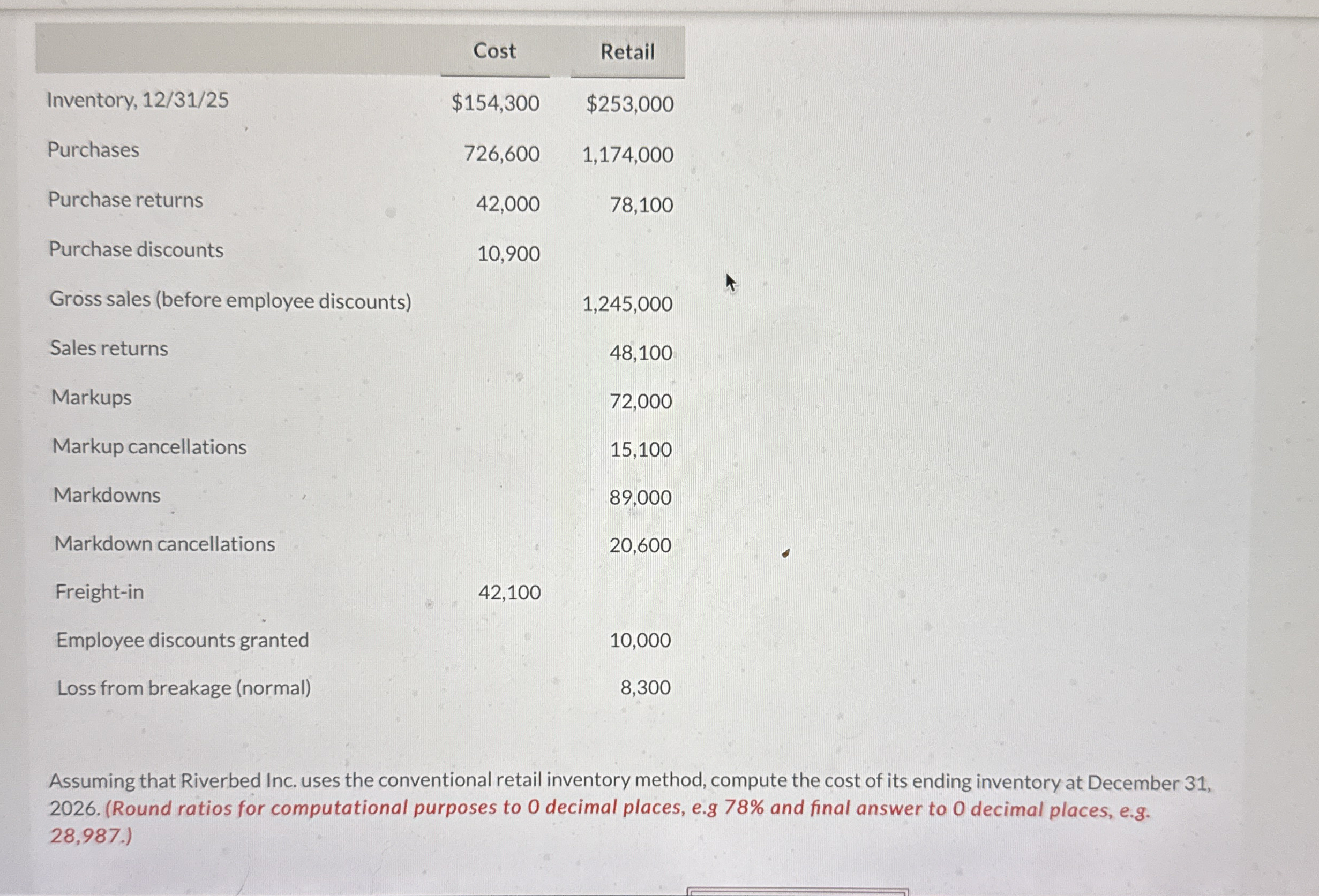 \ table [ [ , Cost,Retail ] , [ Inventory , 1 2 /
