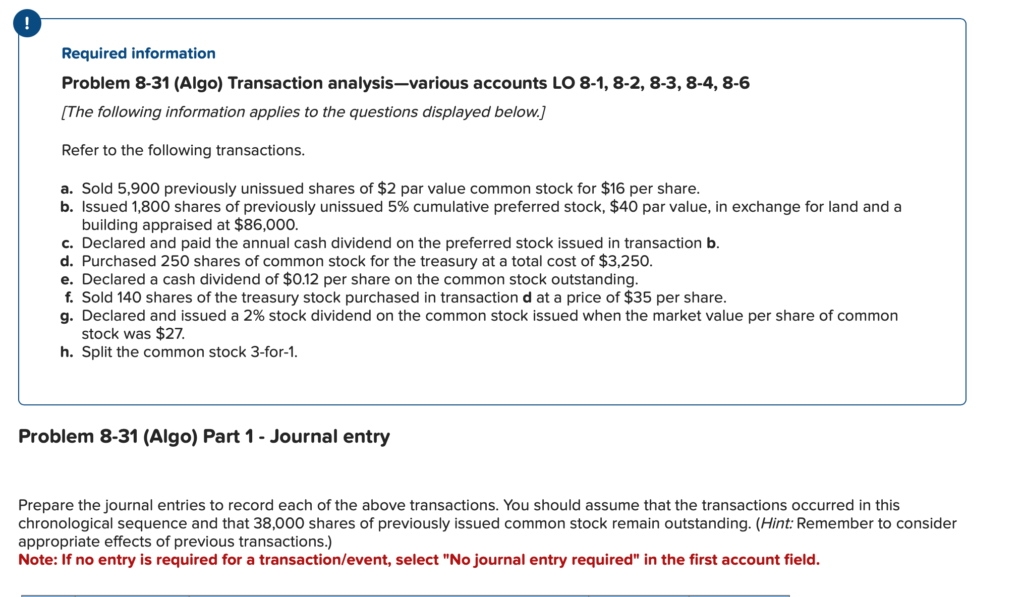\ ( ! \ ) Required information Problem 8 - 3 1 (