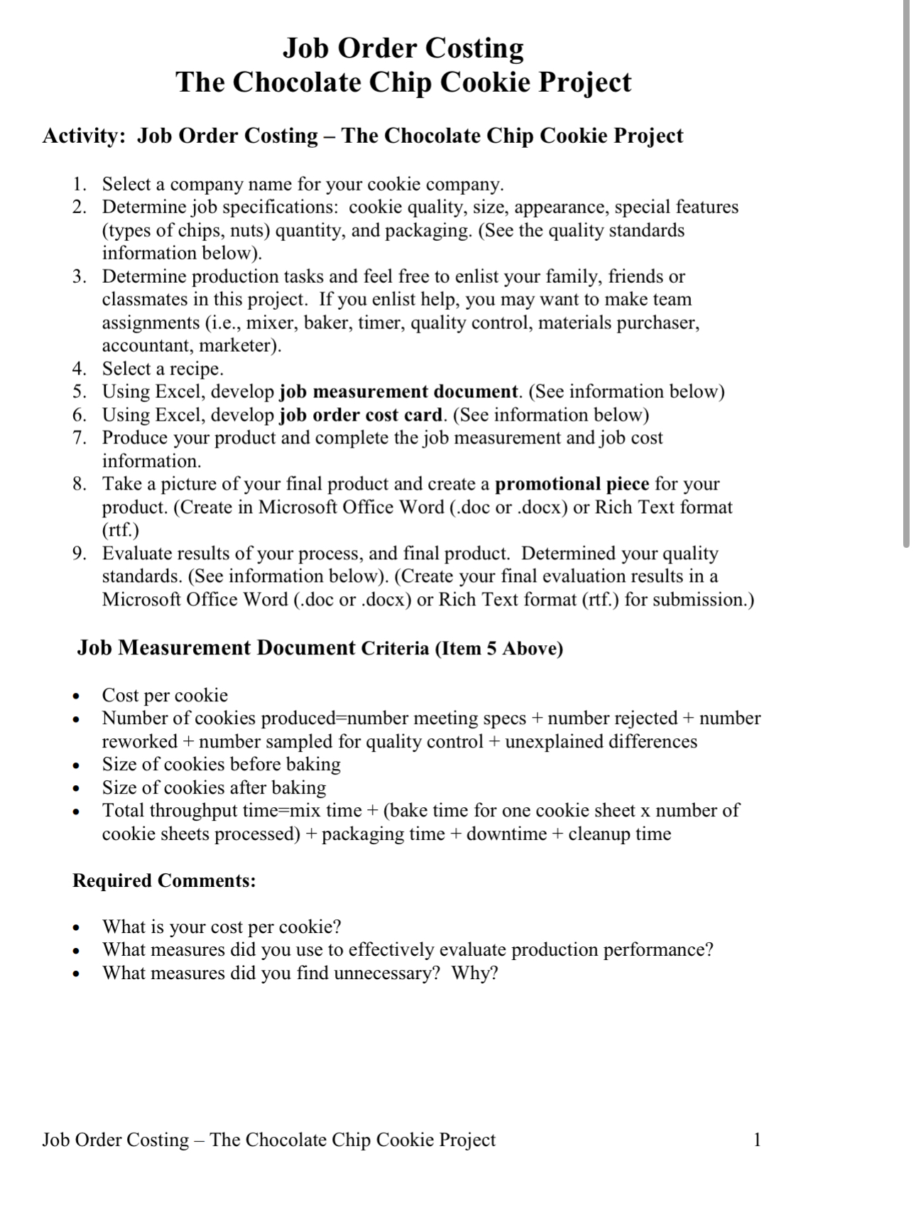Job Order Costing The Chocolate Chip Cookie