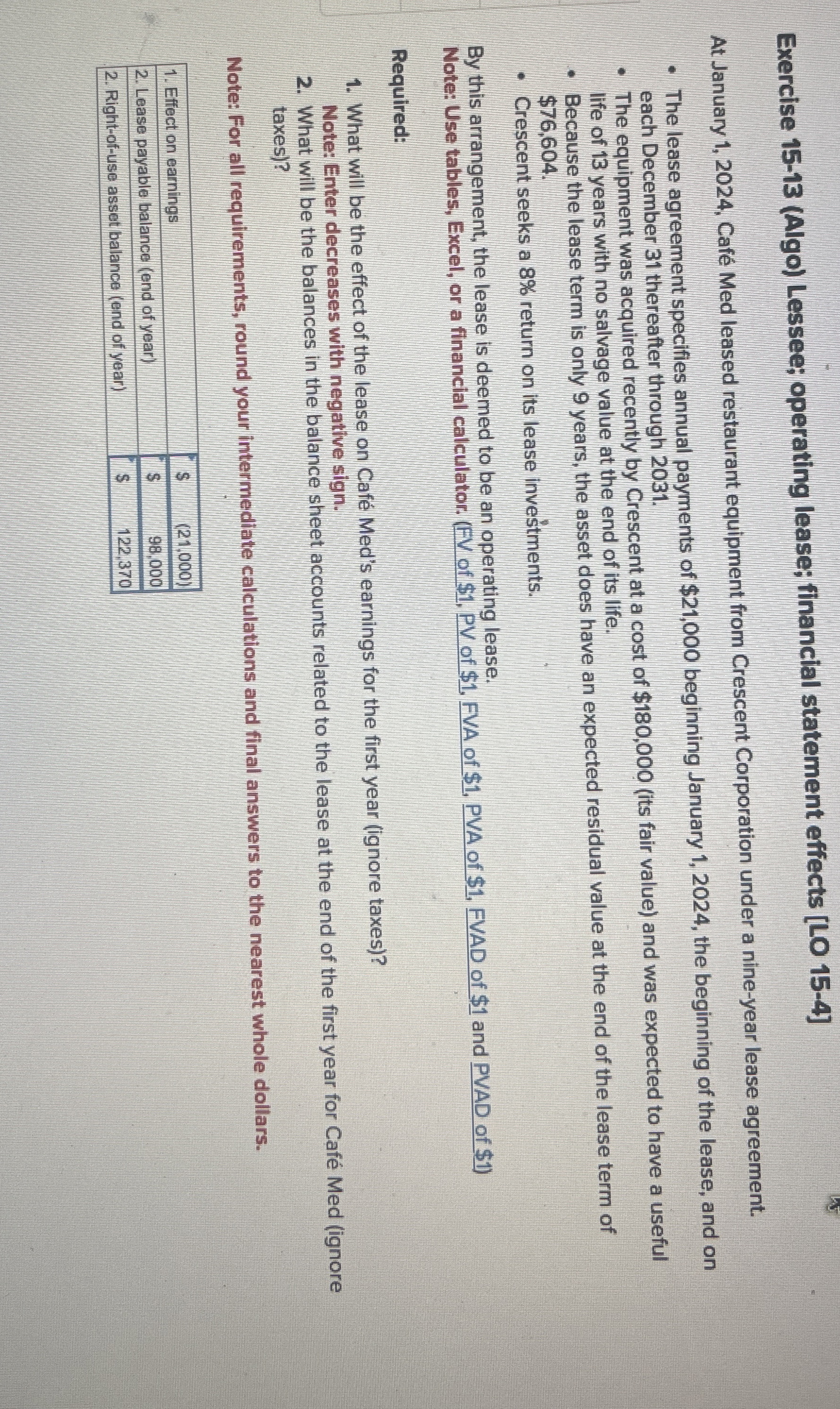 Exercise 1 5 - 1 3 ( Algo ) Lessee; operating