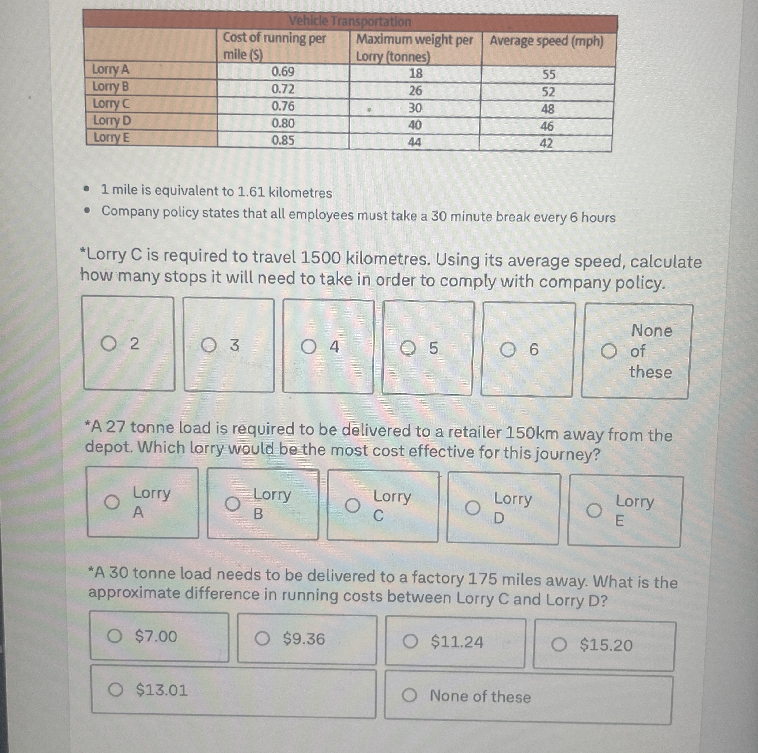 \ table [ [ Vehicle Transportation ] , [ , \
