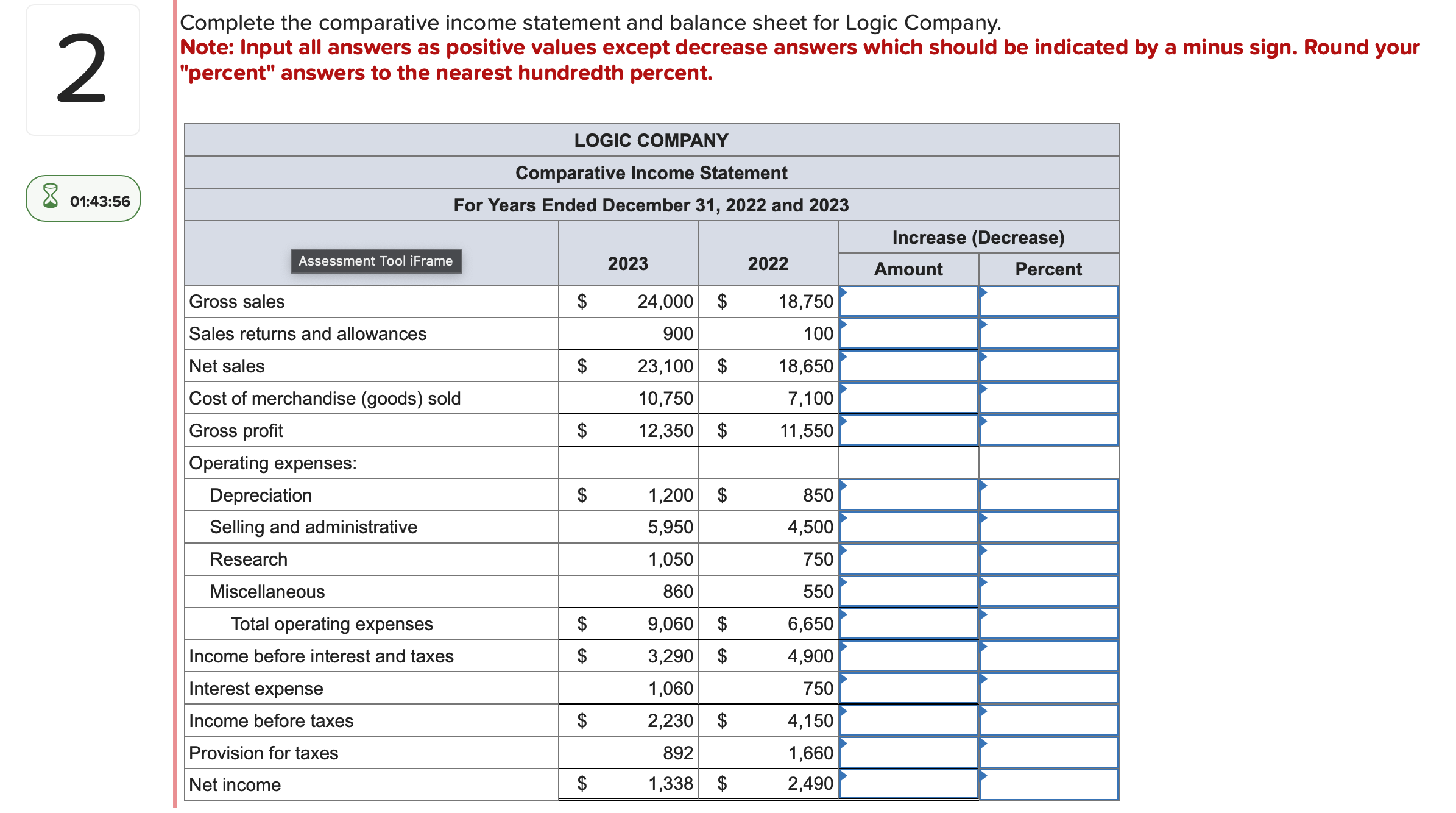 Complete the comparative income statement and