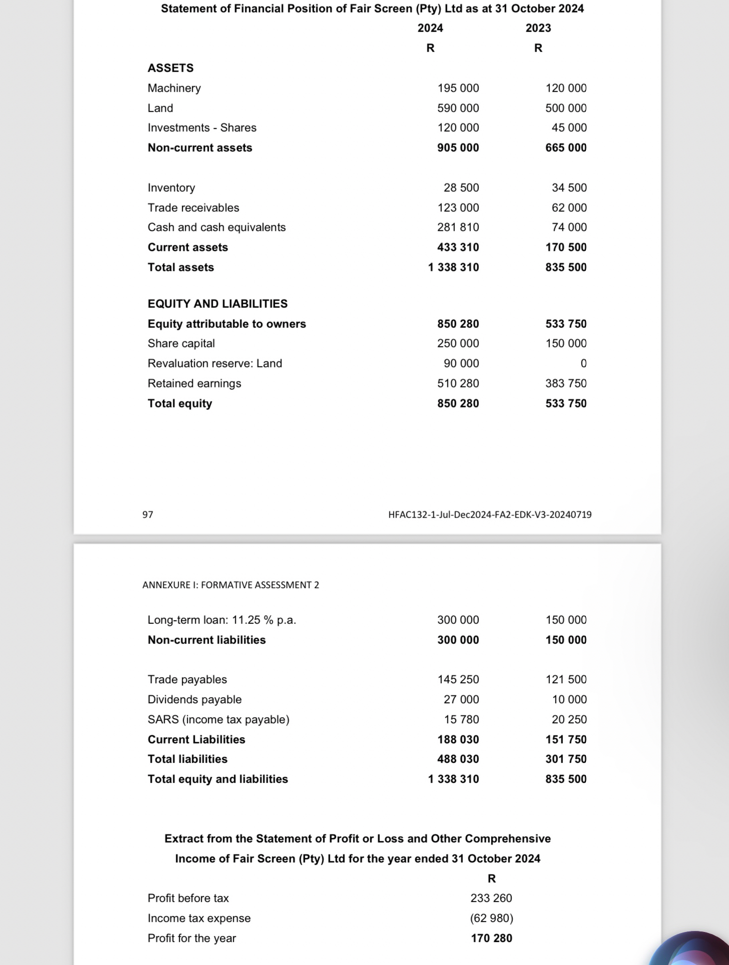 QUESTION 2 ( 5 5 marks ) Fair Screen ( Pty ) Ltd