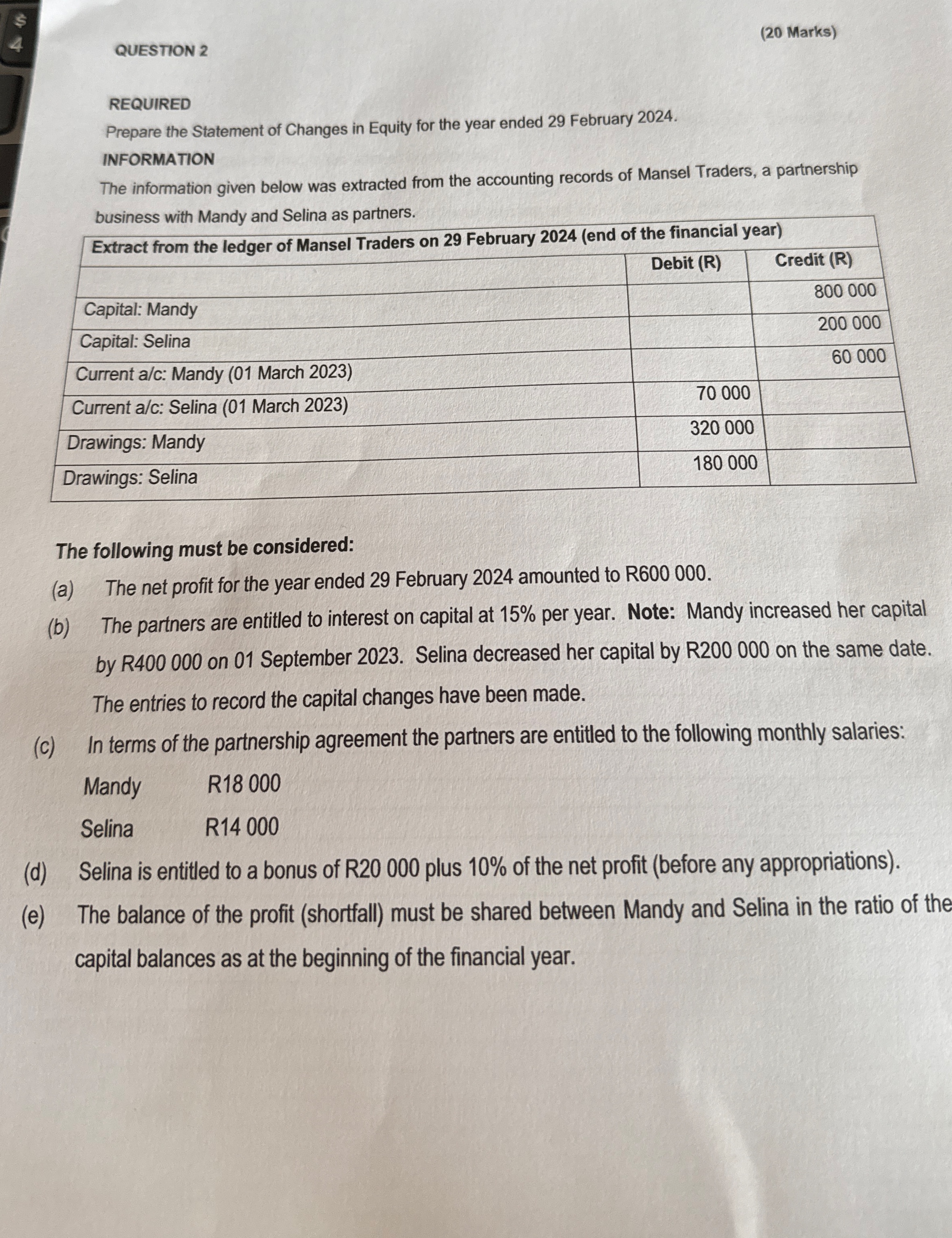 QUESTION 2 ( 2 0 Marks ) REQUIRED Prepare the