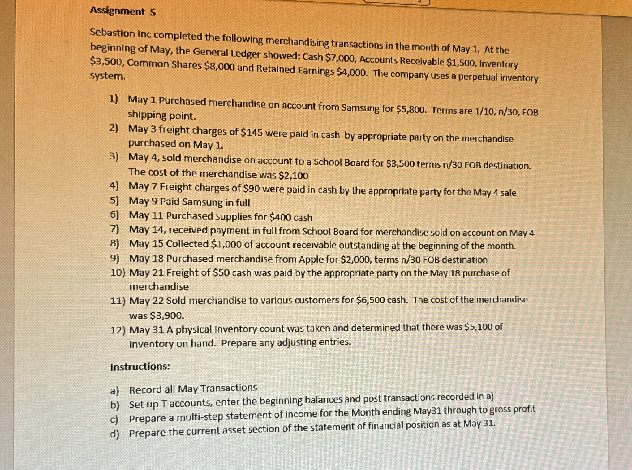 Assignment 5 Sebastion Inc completed the