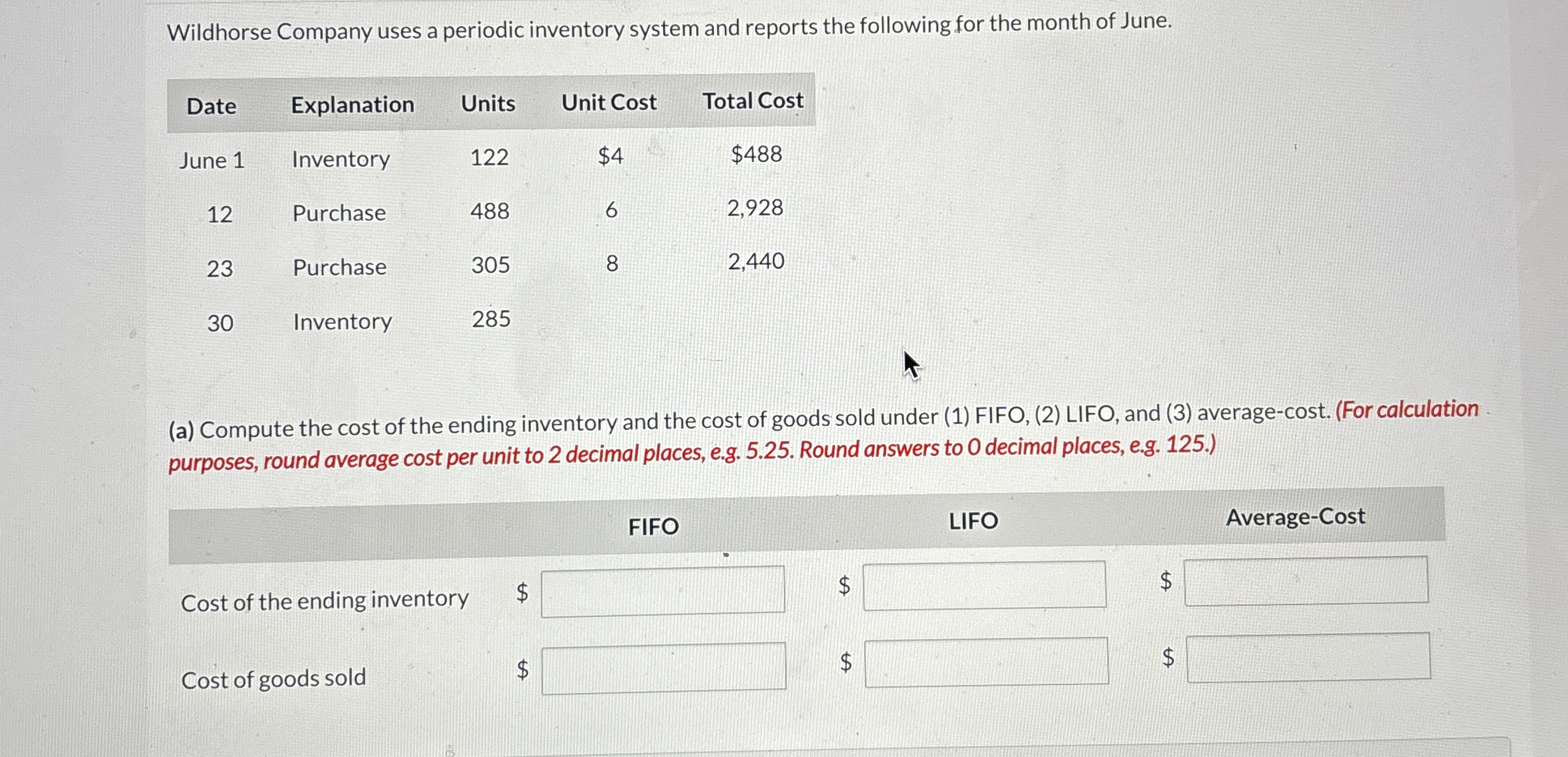 Wildhorse Company uses a periodic inventory