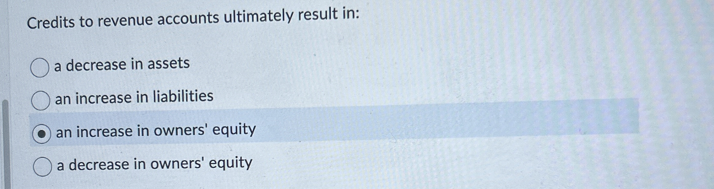 Credits to revenue accounts ultimately result in: