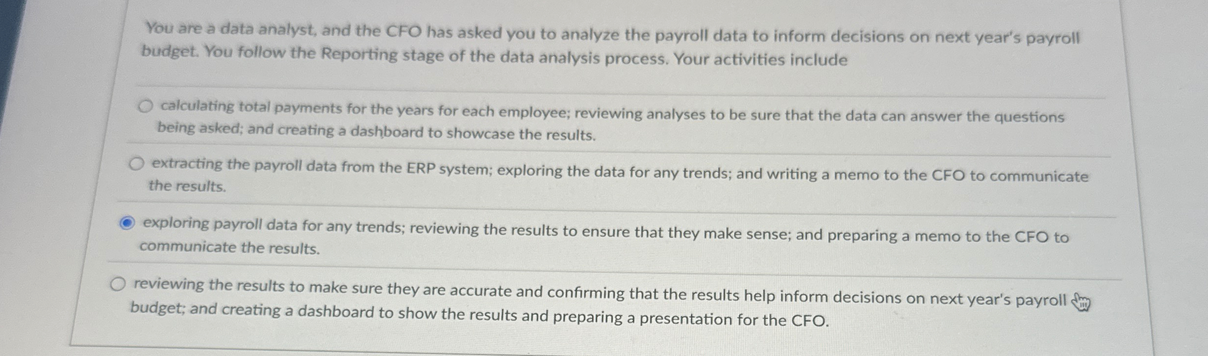You are a data analyst, and the CFO has asked you