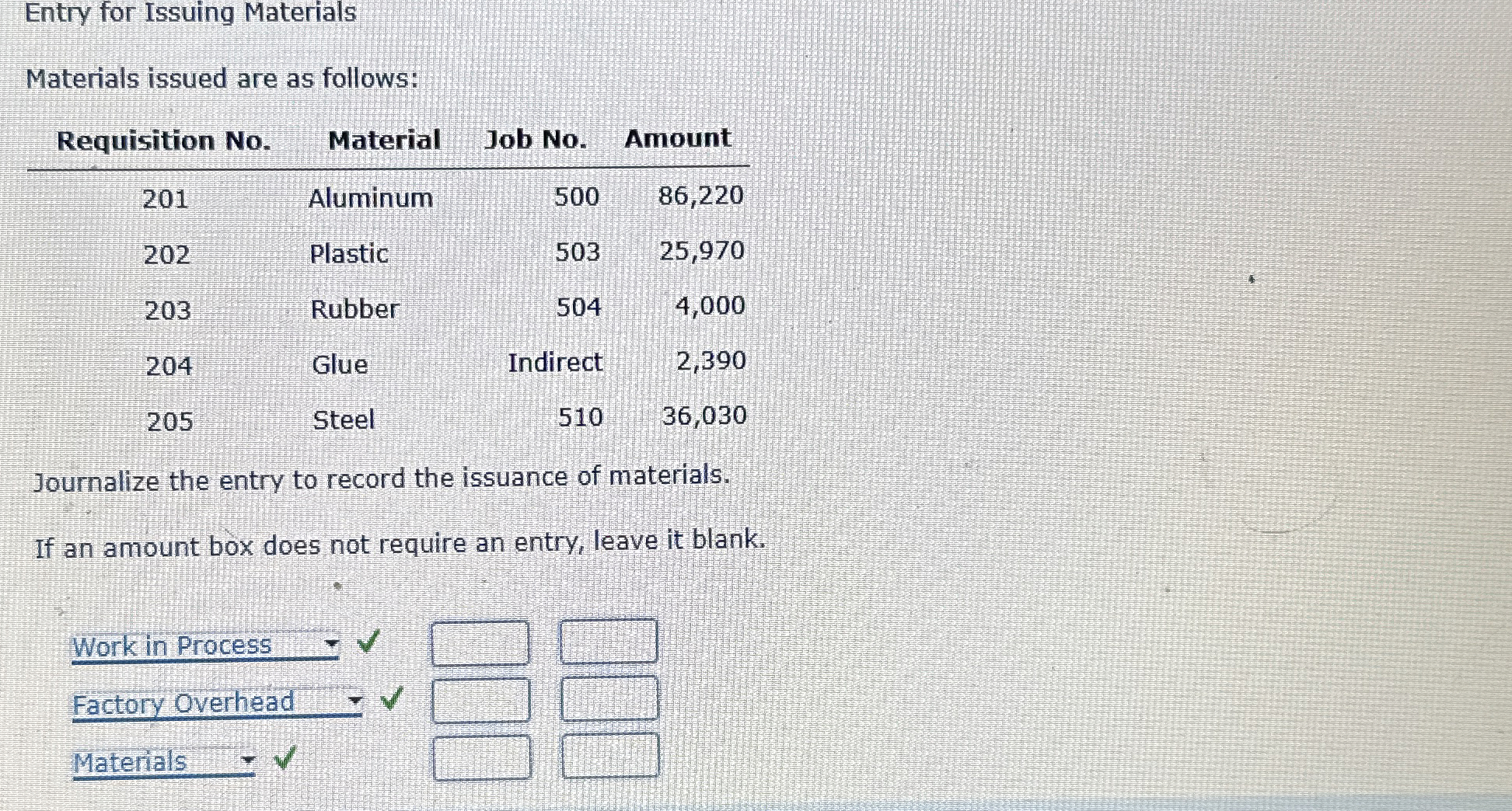 Entry for Issuing Materials Materials issued are