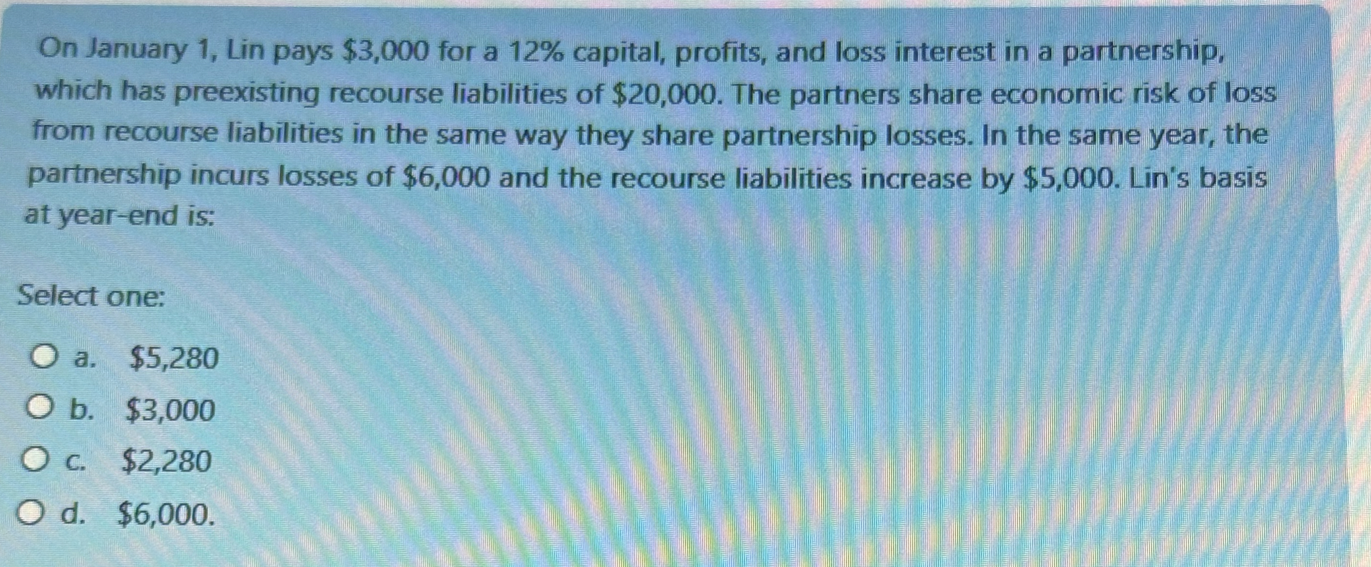 On January 1 , Lin pays $ 3 , 0 0 0 for a 1 2 %