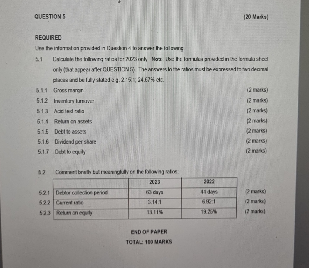 QUESTION 5 ( 2 0 Marks ) REQUIRED Use the