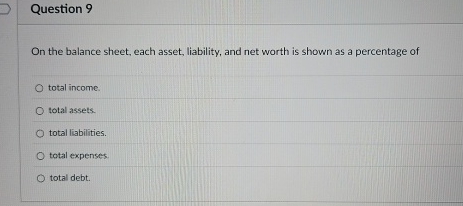 Question 9 On the balance sheet, each asset,