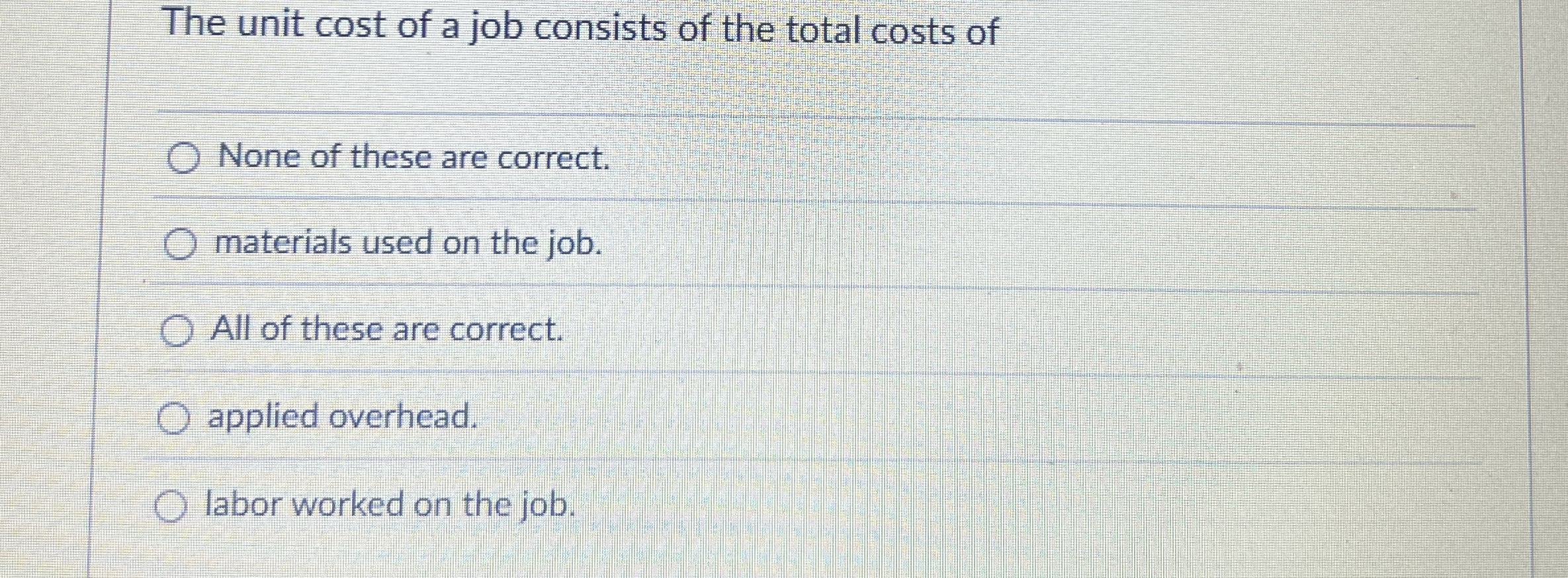 The unit cost of a job consists of the total