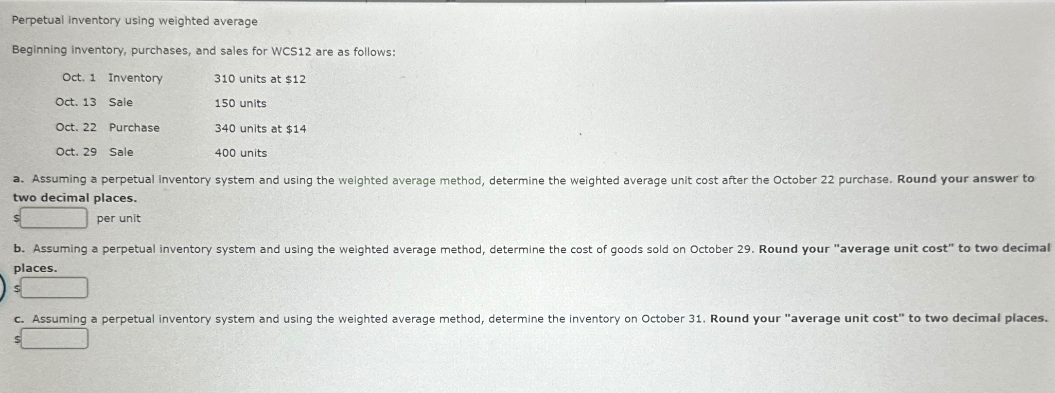 Perpetual inventory using weighted average