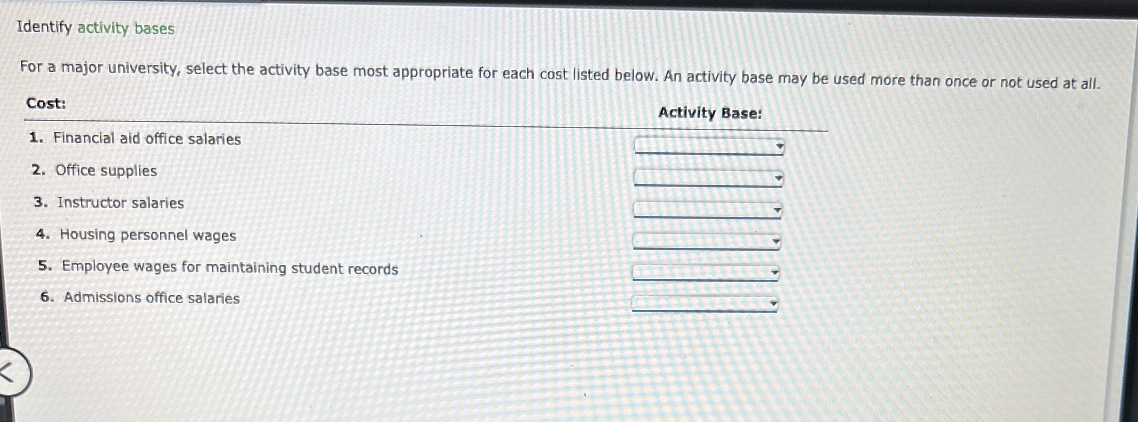 Identify activity bases For a major university,