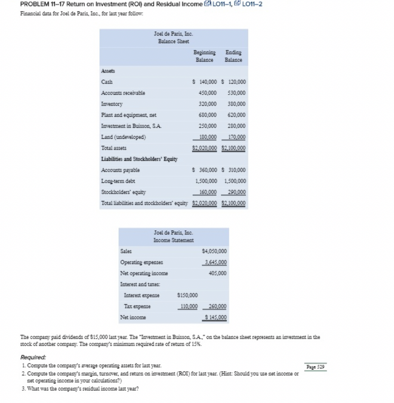 PROBLEM 1 1 - 1 7 Return on Investment ( ROI )