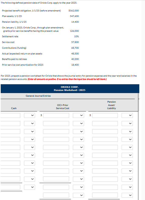 The following defined pension data of Oriole