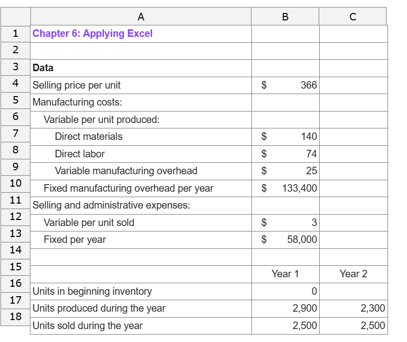 A B C 1 Chapter 6 : Applying Excel 2 3 Data 4
