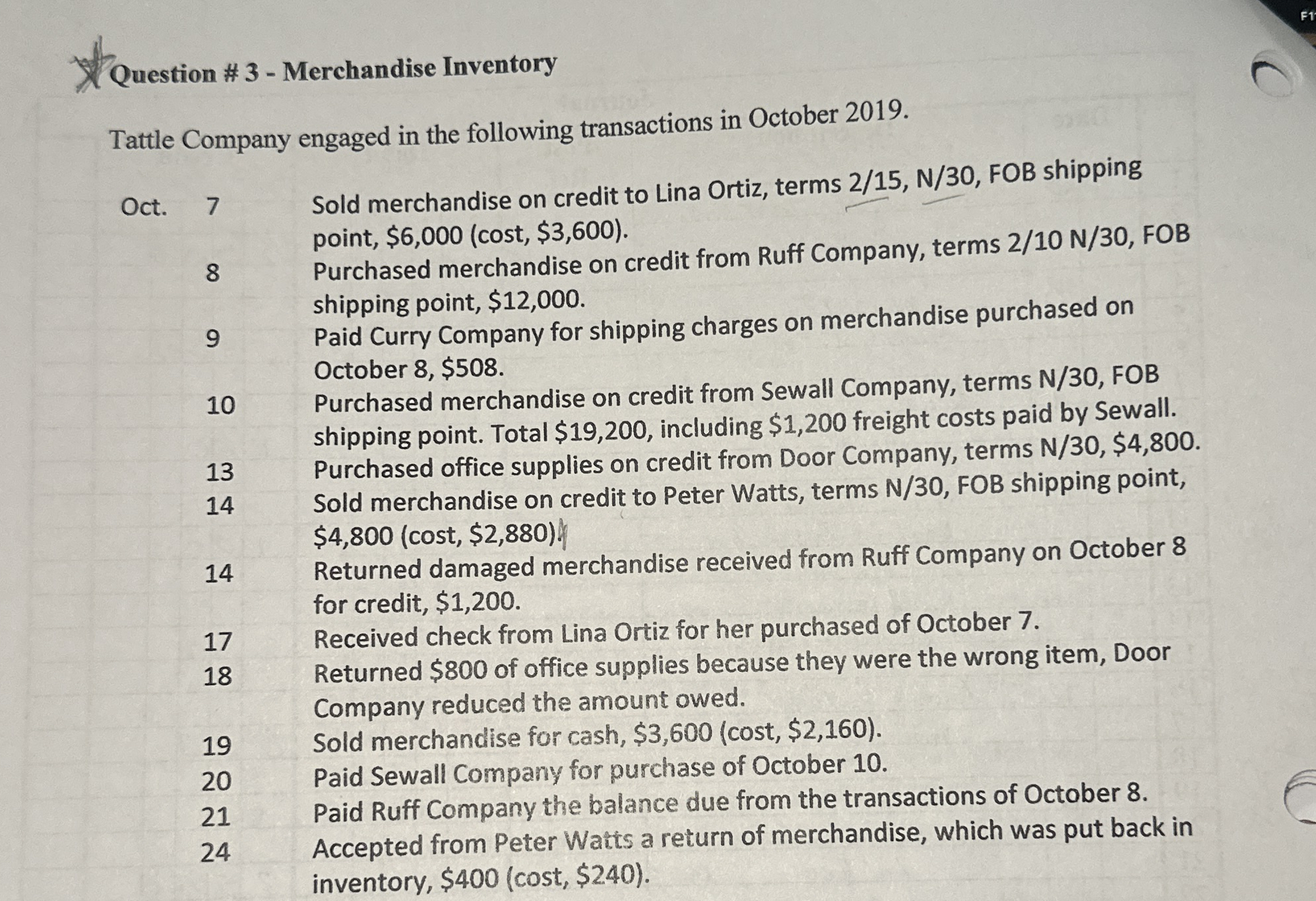 Question # 3 - Merchandise Inventory Tattle