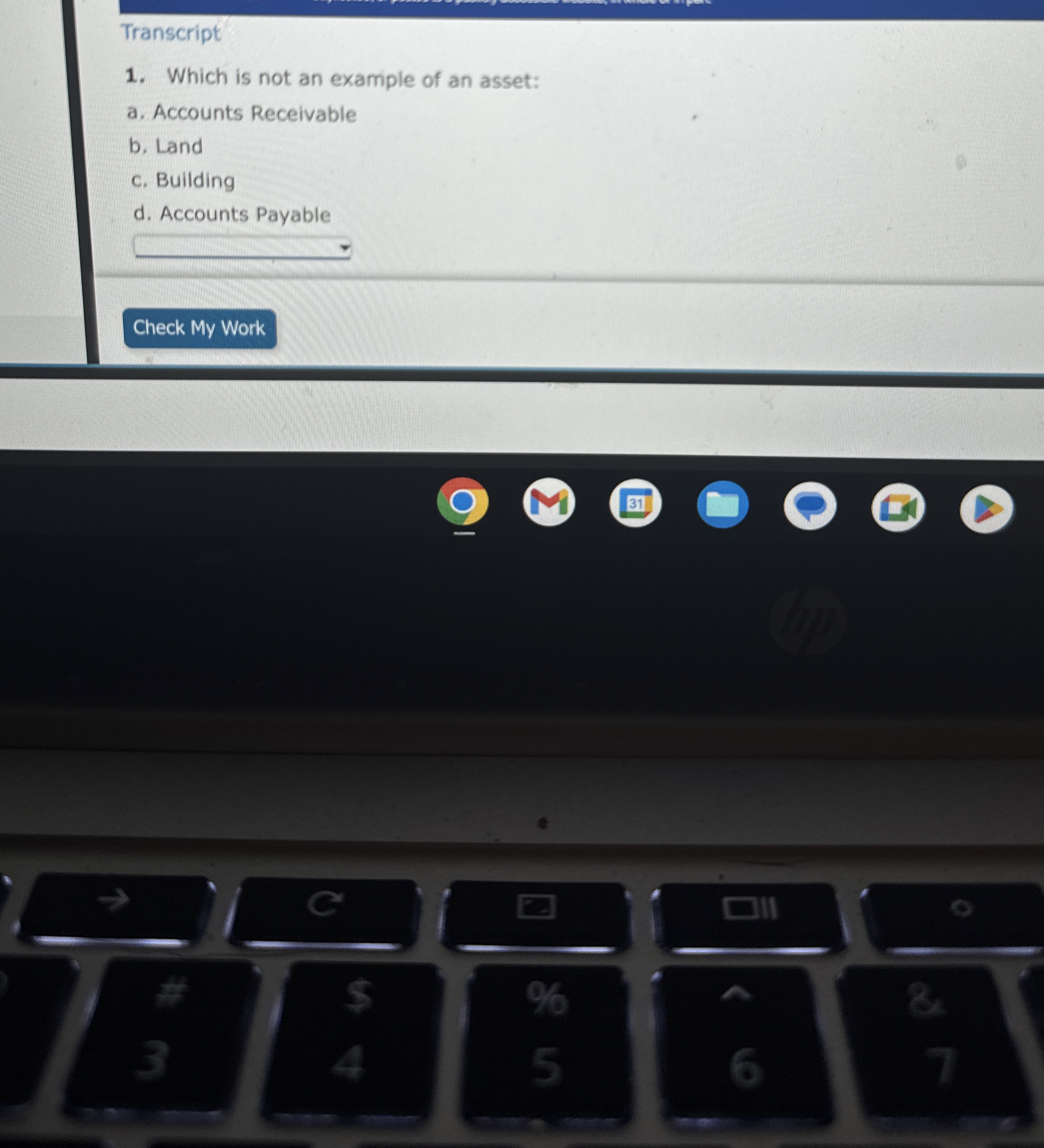 Transcript Which is not an example of an asset: a