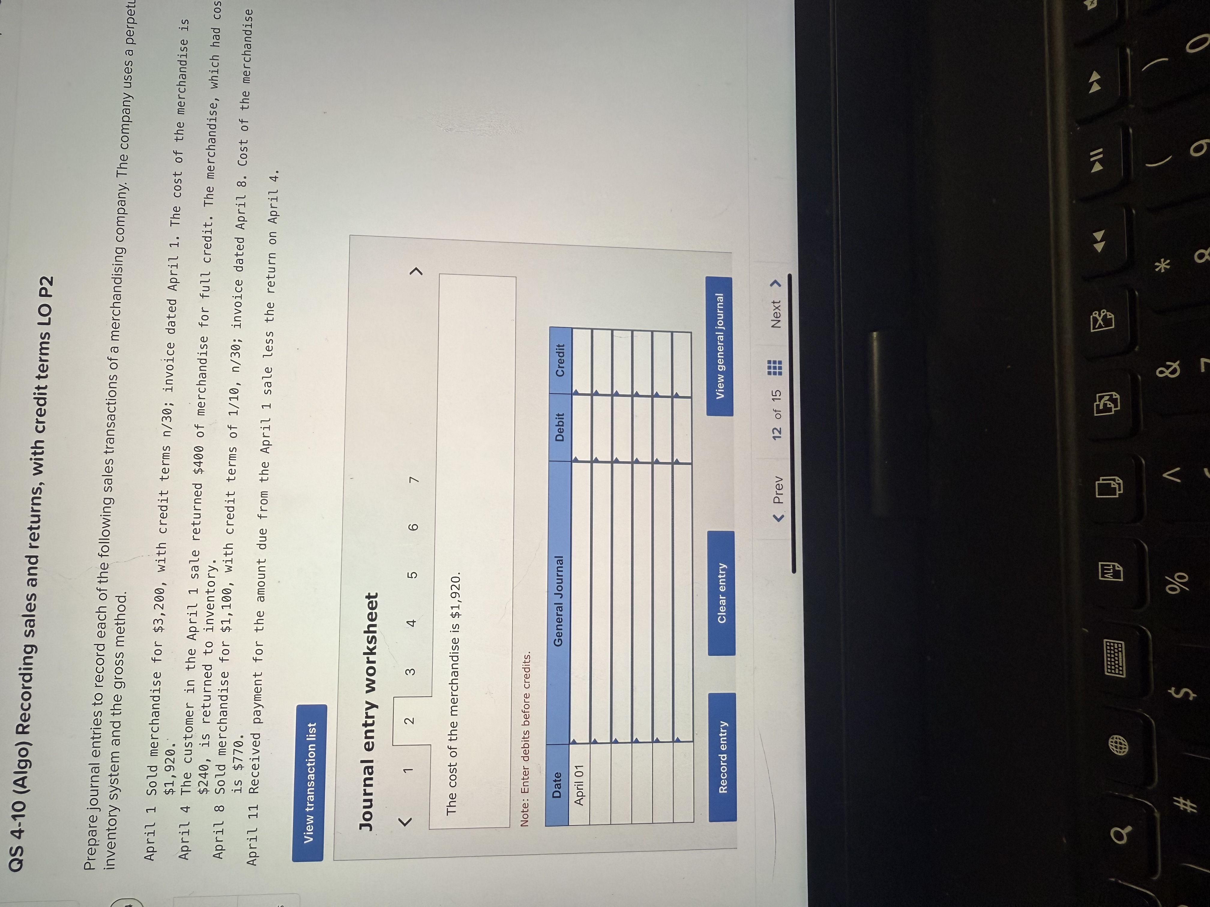 Help please QS 4 - 1 0 ( Algo ) Recording sales