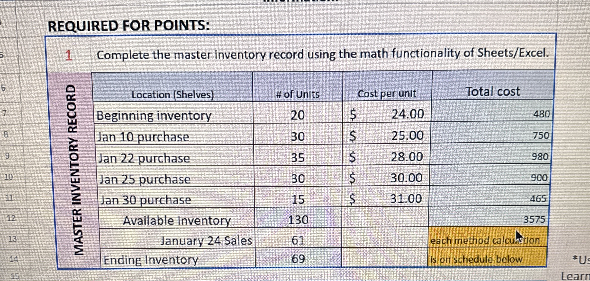 1 . ) Complete the master inventory record using