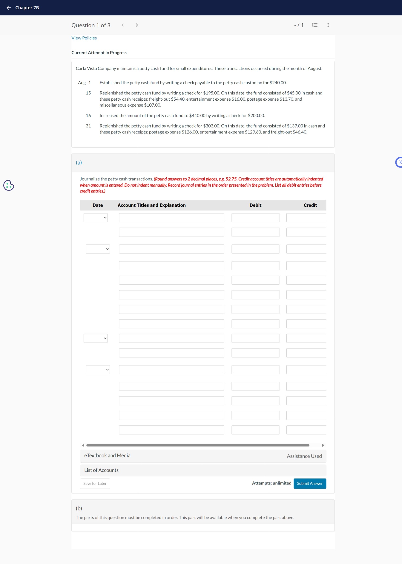 Chapter 7 B Question 1 o f 3 View Policies