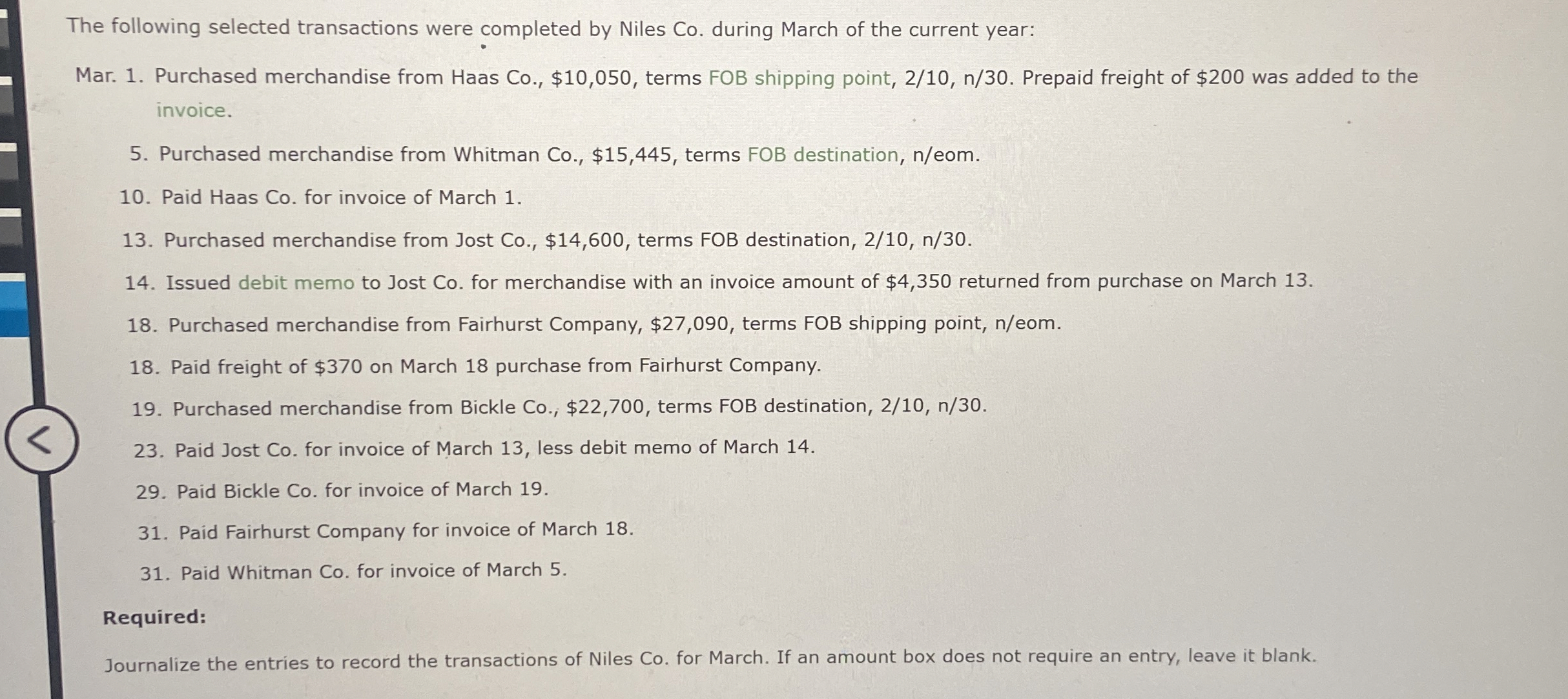 The following selected transactions were