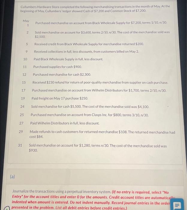 Journalize the transactions using a perpetual