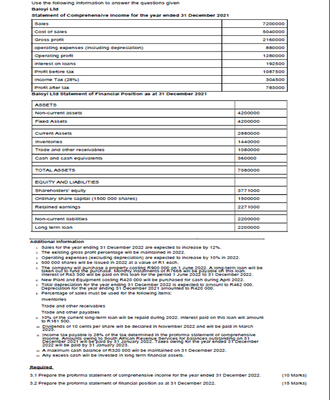 Use the following information t o answer the