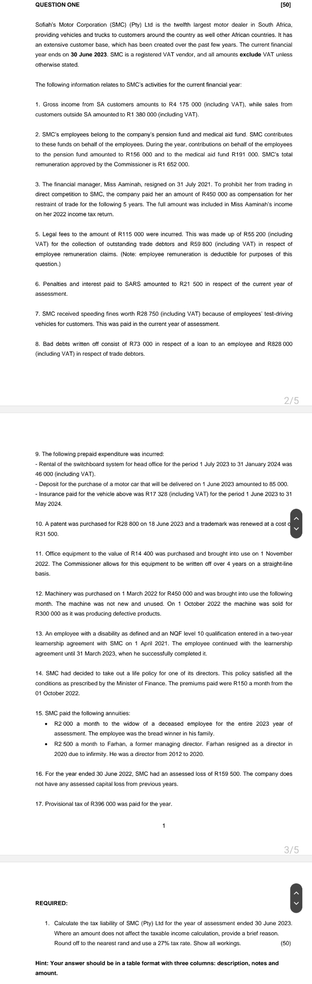 QUESTION ONE [ 5 0 ] Sofiah's Motor Corporation (