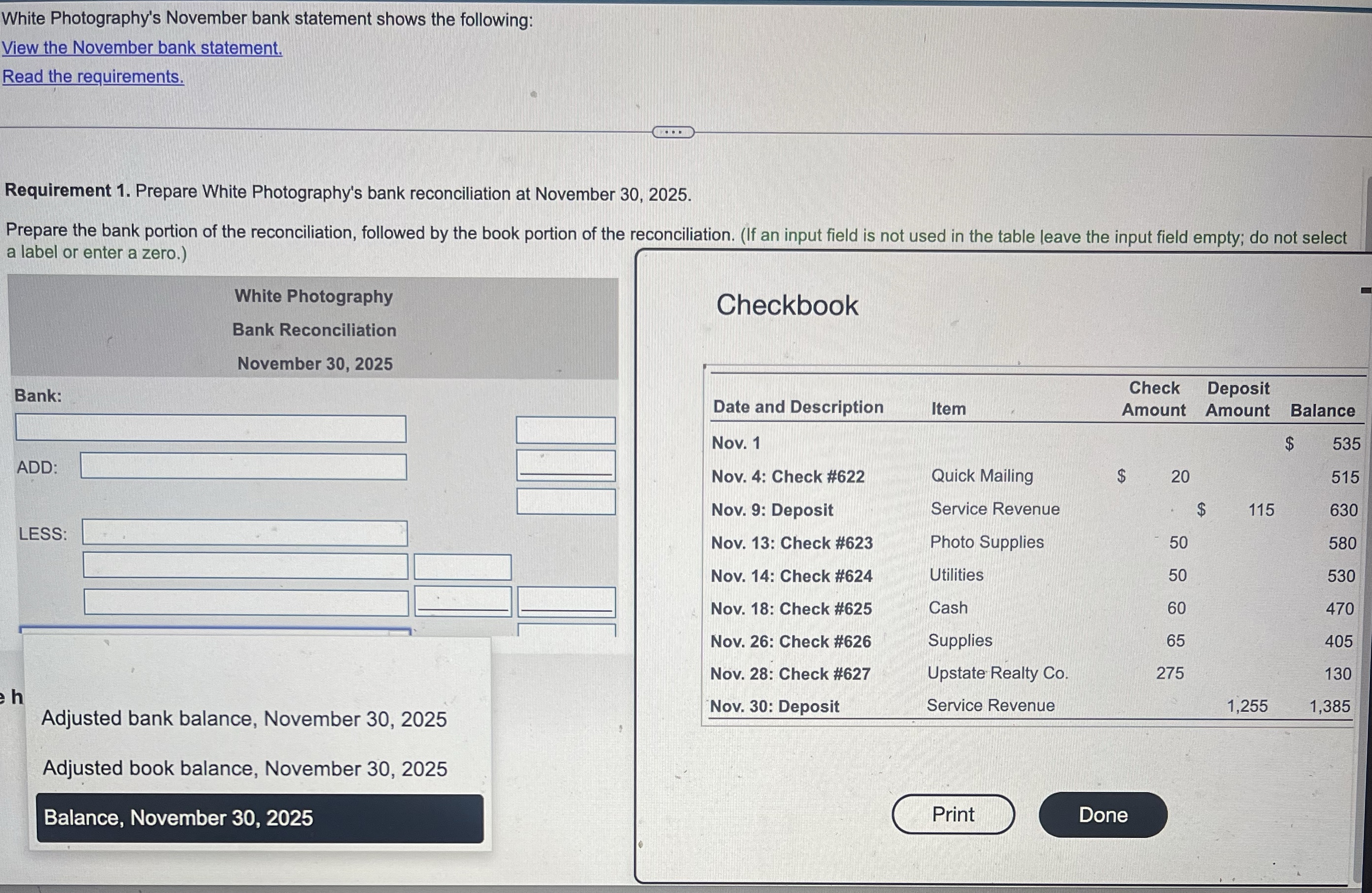 White Photography's November bank statement shows