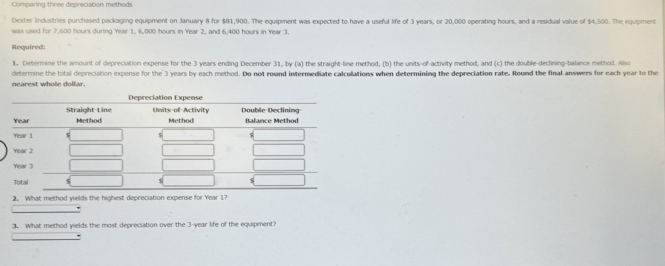 Comparing three depreciation methods Dexter