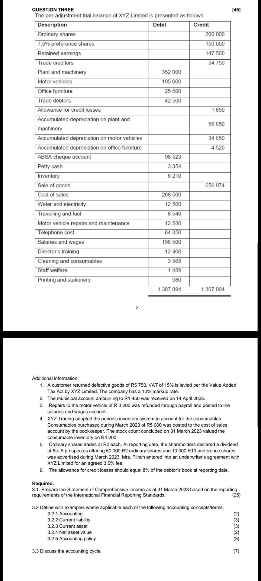 QUESTION THREE [ 4 5 ] The pre - adjustment trial