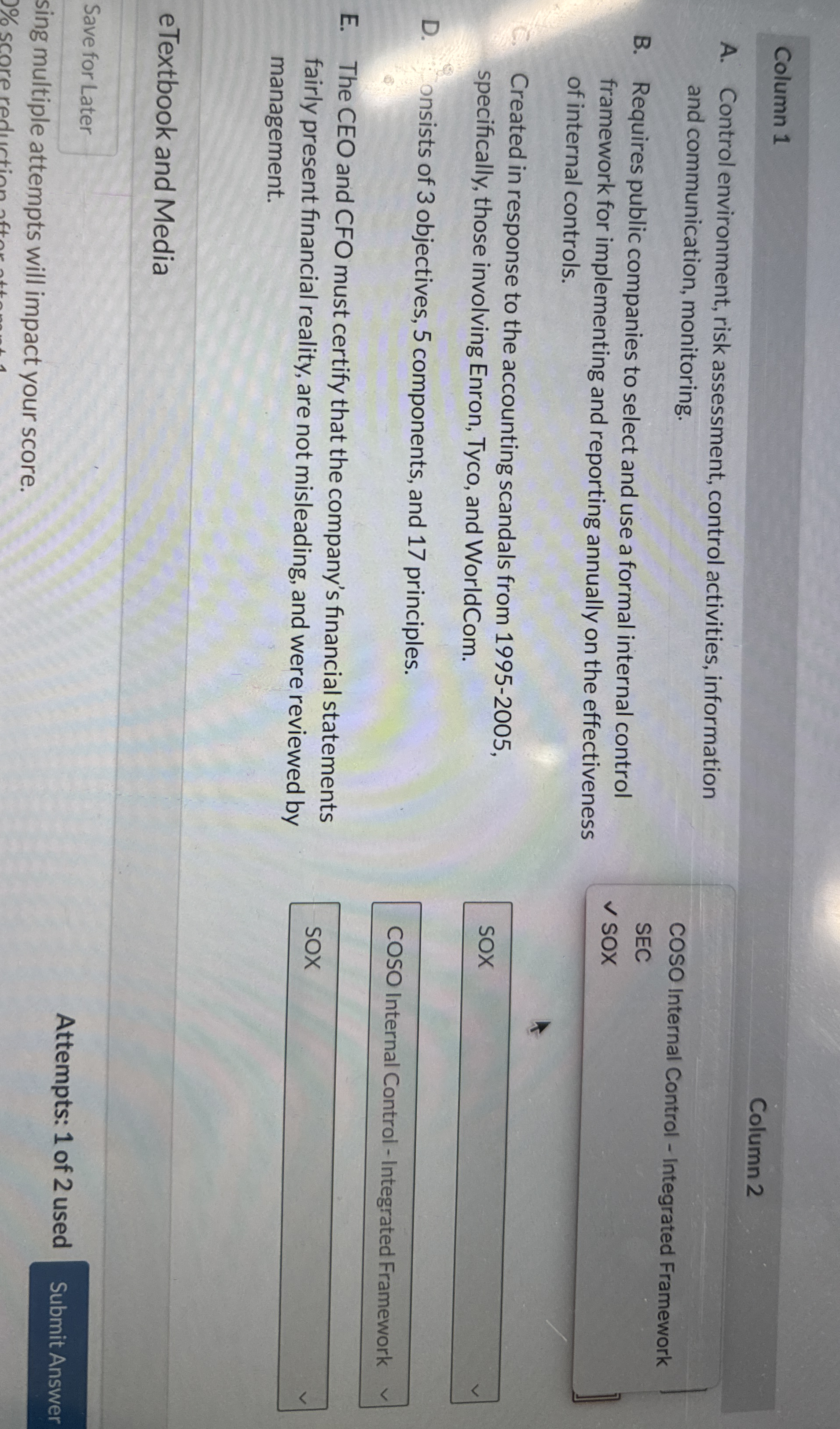 Column 1 Column 2 A . Control environment, risk