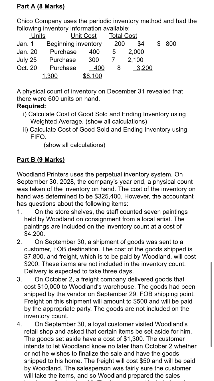 Question 4 : Inventory Costing Part A ( 8 Marks )