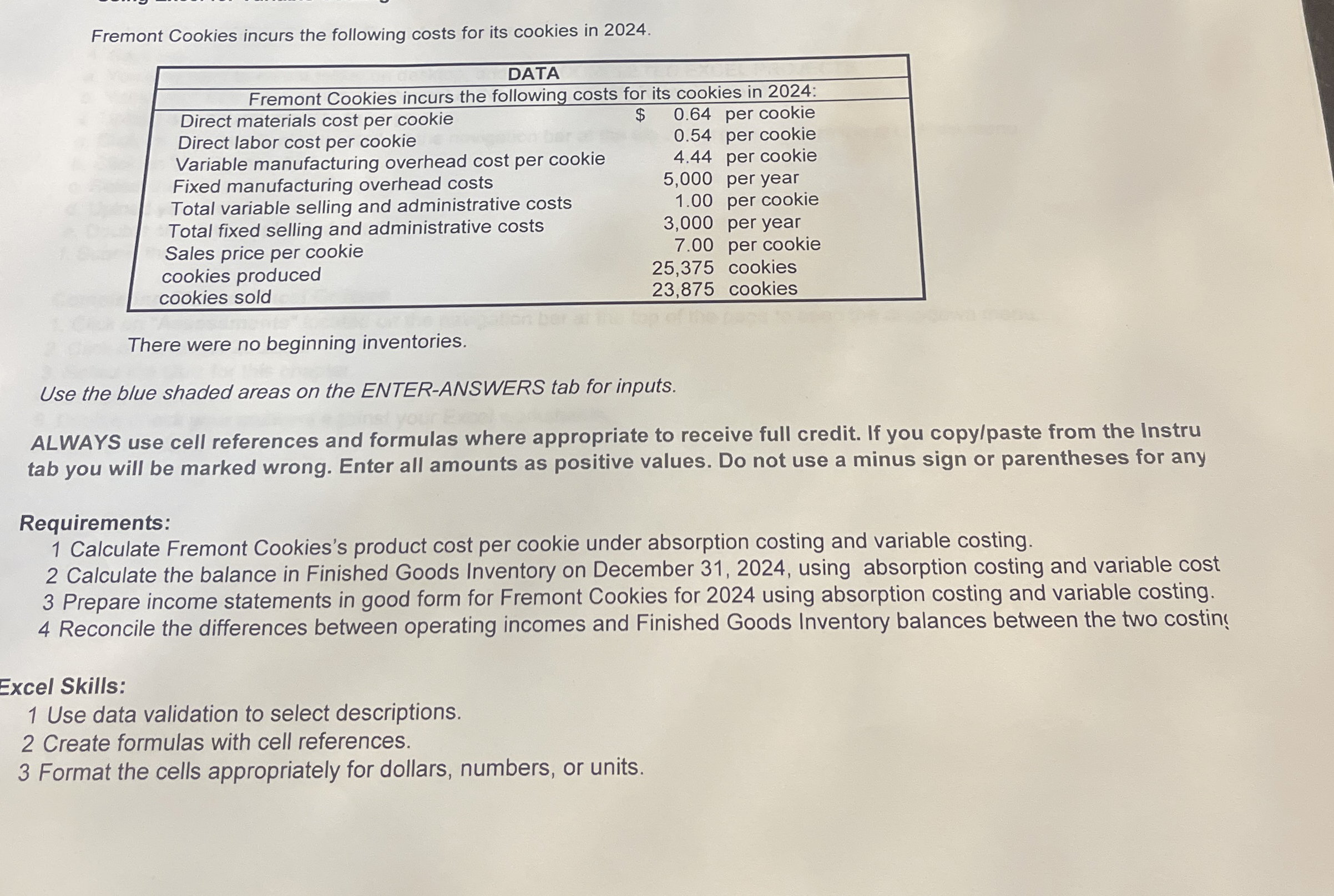 Variable Costing Using Excel for Variable Costing