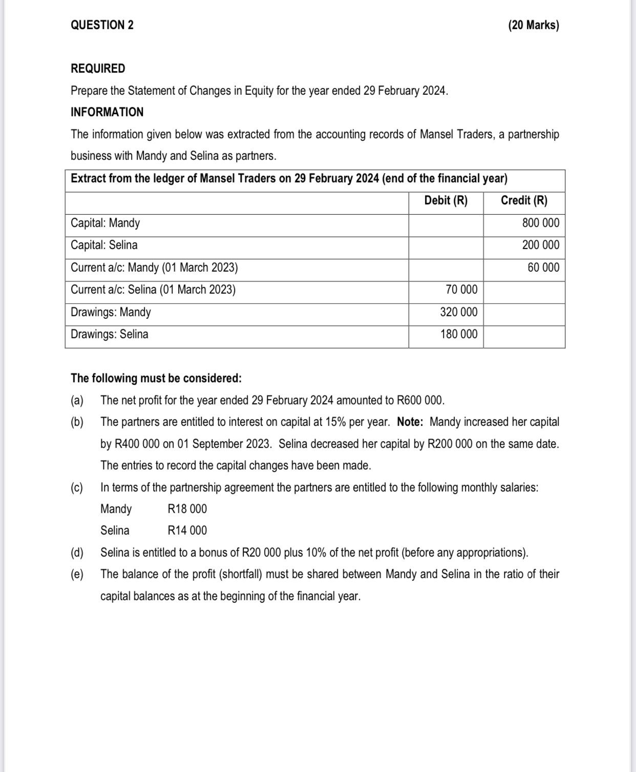 QUESTION 2 ( 2 0 Marks ) REQUIRED Prepare the