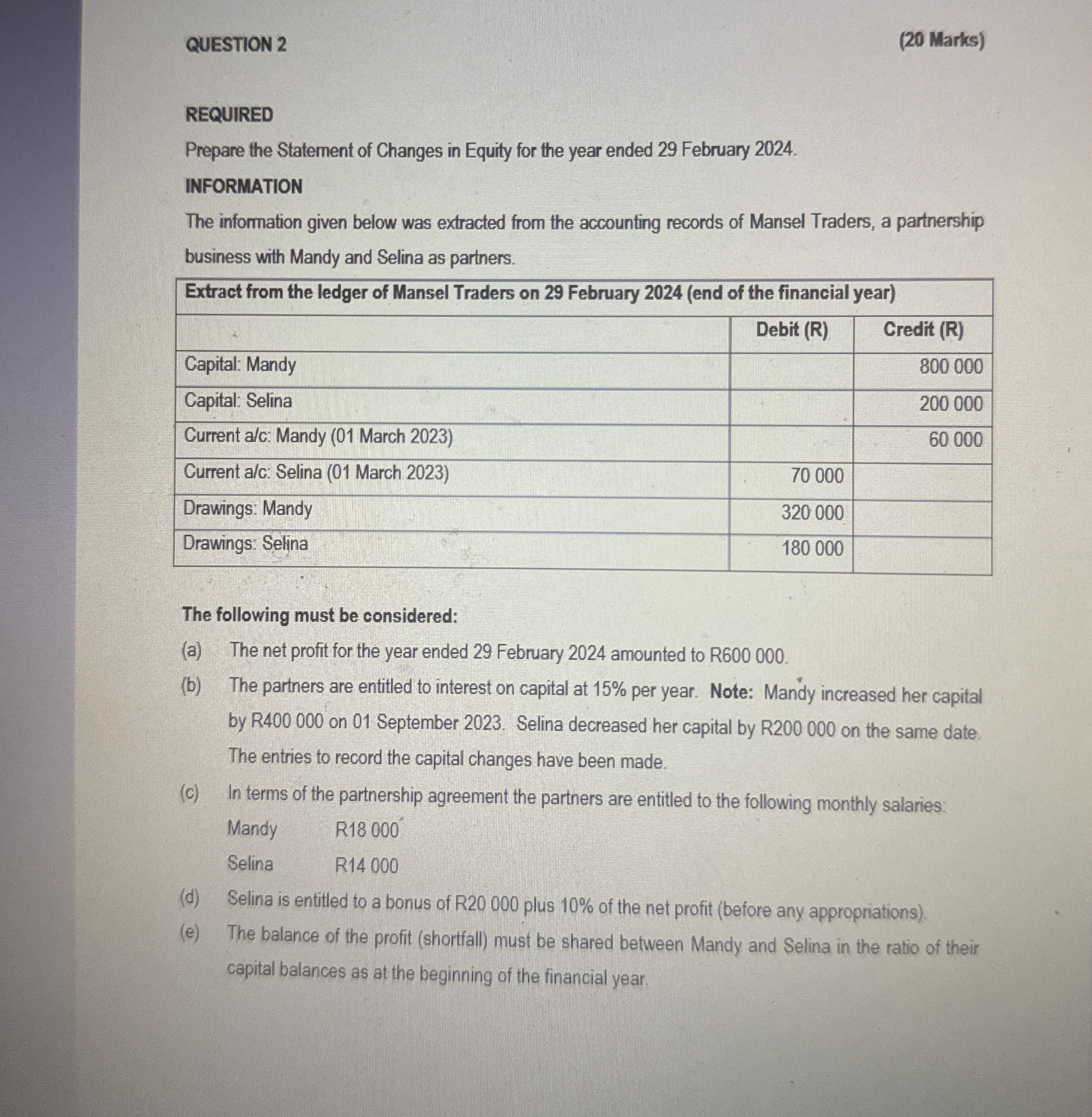 QUESTION 2 ( 2 0 Marks ) REQUIRED Prepare the