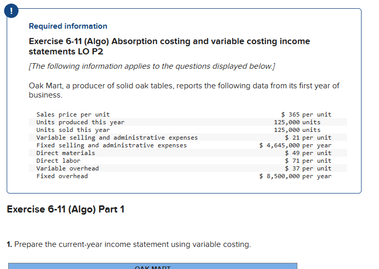 Required information Exercise 6 - 1 1 ( Algo )