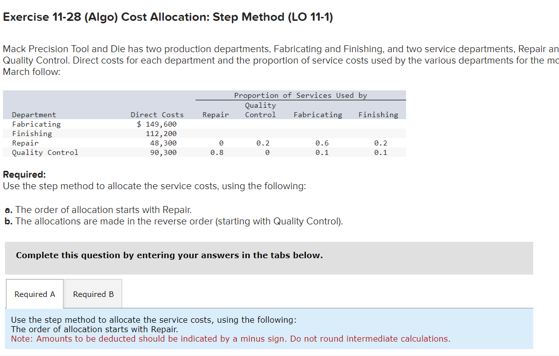 Exercise 1 1 - 2 8 ( Algo ) Cost Allocation: Step